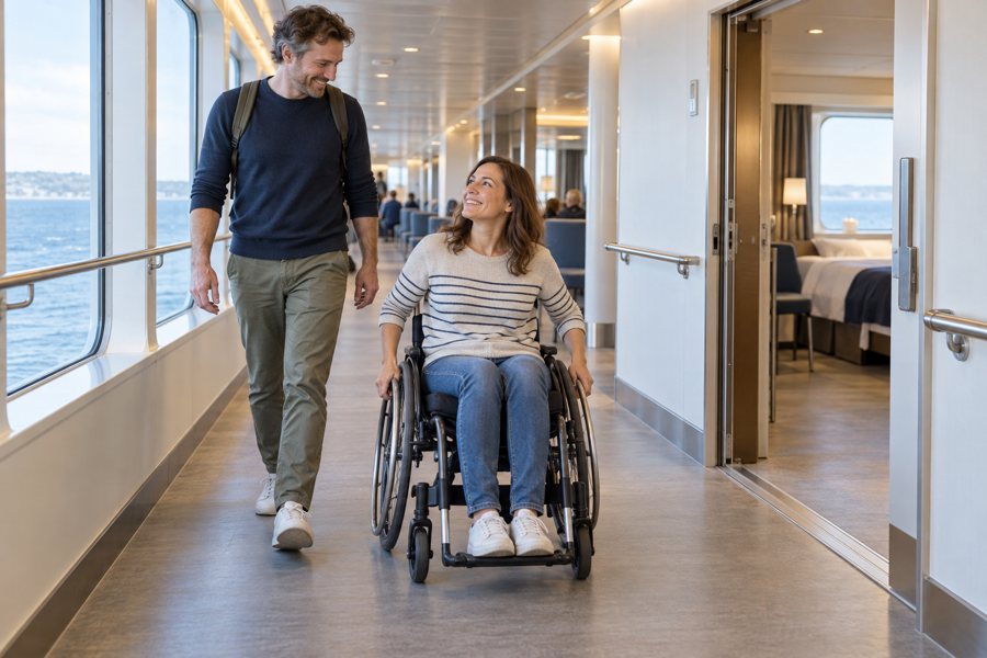 Rollstuhlnutzerin mit Begleitung im Korridor einer Fähre