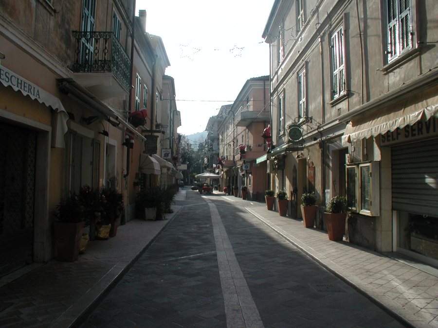 Straße mit Wohnhäusern und Geschäften in Diano Marina